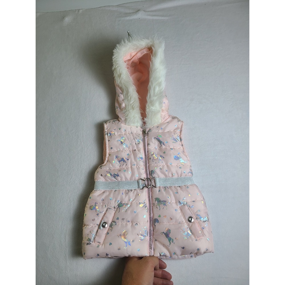 Little Lass Puffer Vest Girls 4T Pink Holographic Unicorn Faux Fur Hood 2147